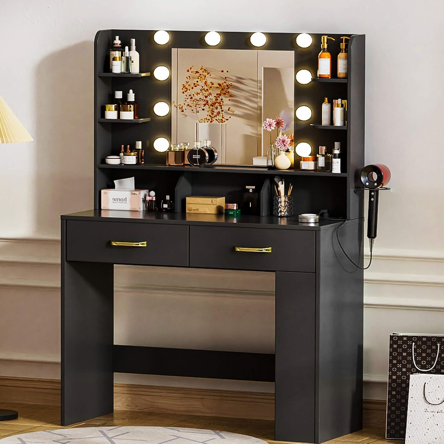 COMHOMA Vanity Desk with Lighted Mirror and Power Outlet, RGB LED Lights Makeup Vanity Set for Girls, Large Storage Capacity Dressing Table for Bedroom, 3 Lighting Modes Adjustable Brightness, Black