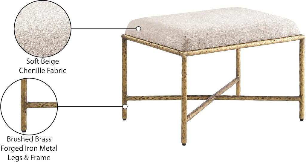 Meridian Furniture 22061Beige Valley Collection Modern | Contemporary Bench with Soft Beige Chenille Fabric, Brushed Brass Forged Iron Metal Legs and Frame, 25' W x 18' D x 18' H, Beige