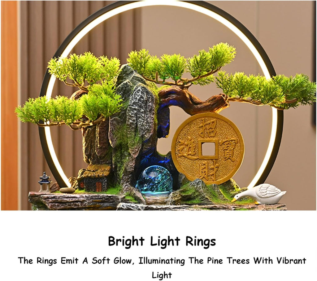 3 Tier Gold Ingot Circulating Fountain Tabletop Rockery Fountain w/LED Light, Fish Tank, LED Light, Fake Plants, Atomizing Humidifier