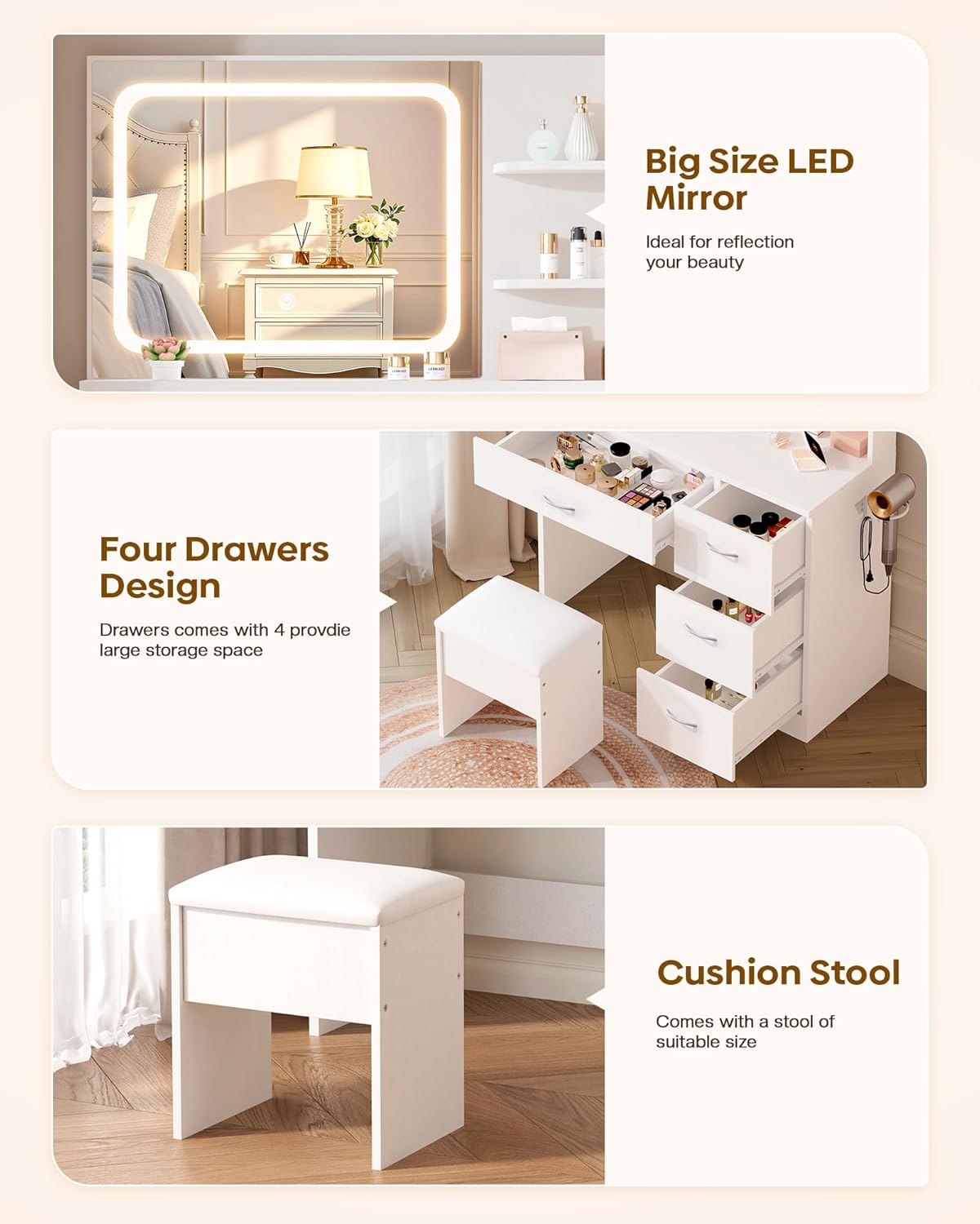LIVELYGLOW Makeup Vanity Desk with Smart LED Mirror & Charging Station, 34.1' White Vanity Table Set with Cushioned Stool, 4 Drawers & Hairdryer Rack, Modern Bedroom Dressing Table-White