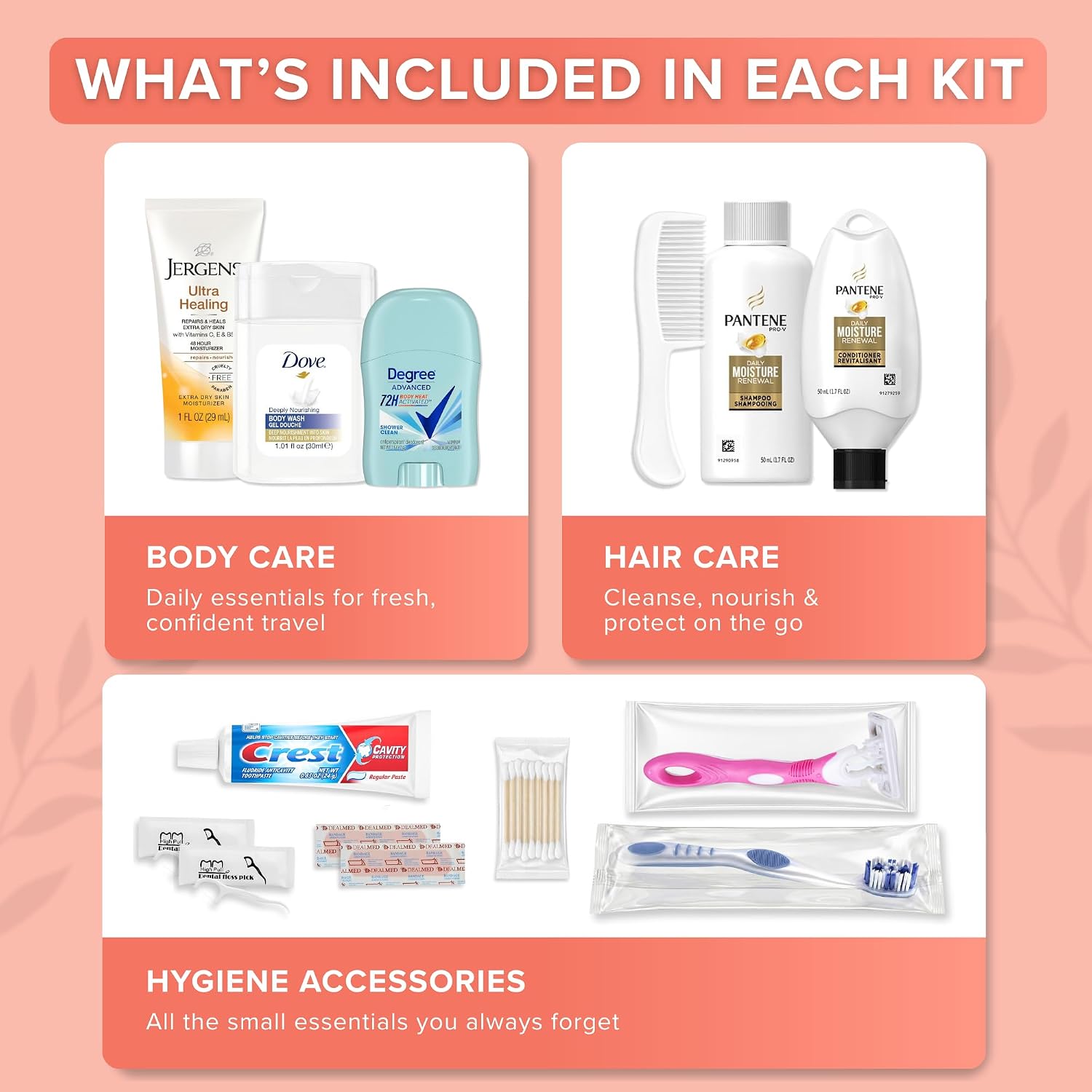 Bulk Women's Hygiene Kits 15 Piece Travel Toiletry Kit with Shampoo Conditioner Body Wash Lotion Deodorant Razor Toothbrush Toothpaste Comb Flossers Swabs Bandages Wipes