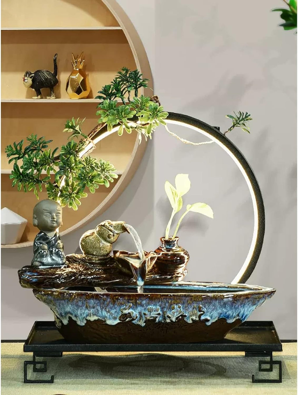 Tabletop Fountain Indoor Relaxation Desktop Fountain Waterfall Ceramic Tabletop Water with Black Metal Base and LED Light Zen Relaxing Feature Interior Spa Yoga Decoration