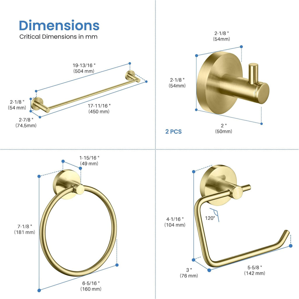 KIBI 5 Piece Circular Bathroom Hardware Set Bathroom Accessories Set | Towel Bar (18'), Towel Ring, Toilet Paper Holder, Robe Hooks (Brushed Gold) (C-KBA14-5-4)
