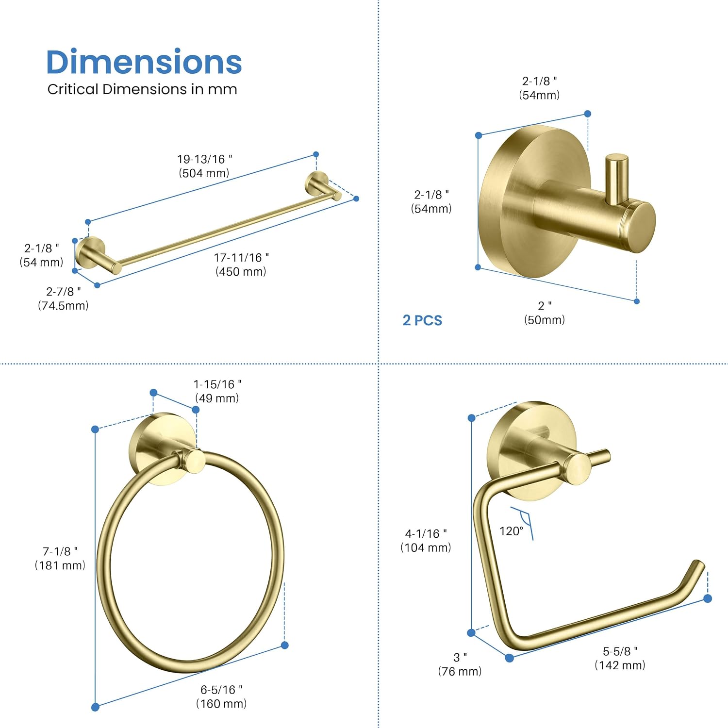 KIBI 5 Piece Circular Bathroom Hardware Set Bathroom Accessories Set | Towel Bar (18'), Towel Ring, Toilet Paper Holder, Robe Hooks (Brushed Gold) (C-KBA14-5-4)