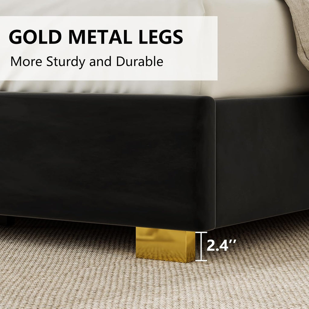 YUMPIE Queen Size Platform Bed Frame with 61' Extra Tall Headboard, Velvet Upholstered Bed with Golden Plating Trim, Wooden Slats/No Box Spring Needed/Noisy Free/Black