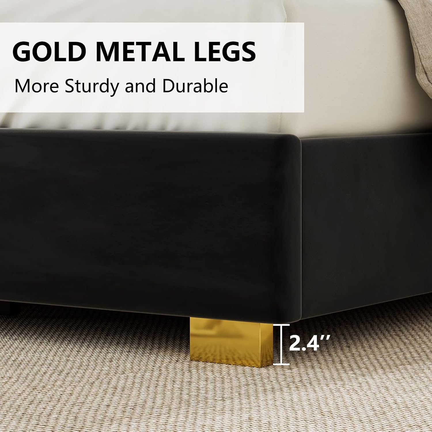 YUMPIE King Size Platform Bed Frame with 65' Extra Tall Headboard, Velvet Upholstered Bed with Golden Plating Trim, Wooden Slats/No Box Spring Needed/Noisy Free/Black