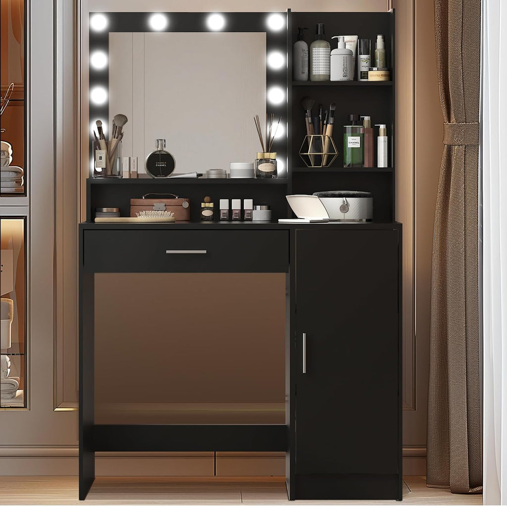 Palimder Vanity Desk with Mirror & Light, Large Drawer & Three Level Storage Dresser, 3 Lighting Modes Adjustable Brightness, Bedroom Dressing Table (Black)