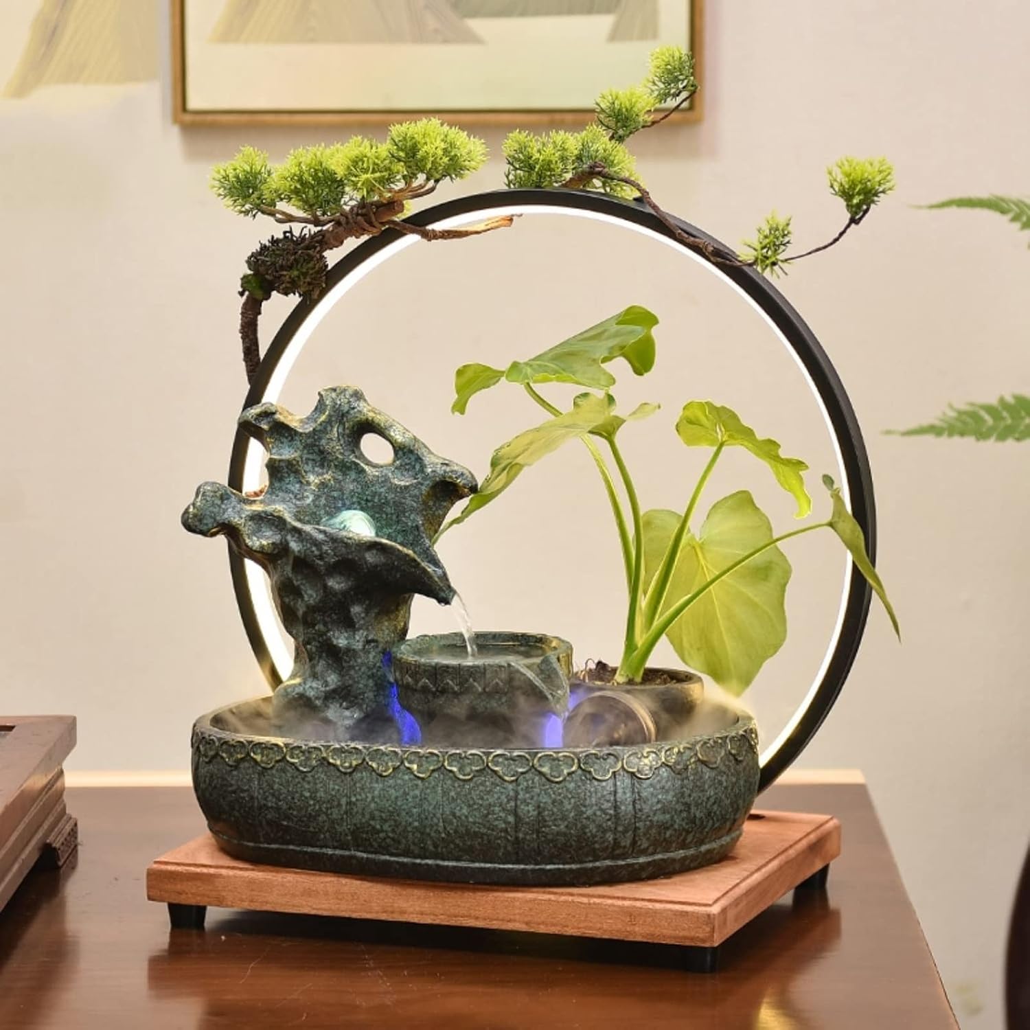 Desktop Fountain Tabletop Fountain Ceramic Rock Falls Fountains with Wooden Base and LED Light Interior Mini Water Feature for Bedroom, Office, Living Room