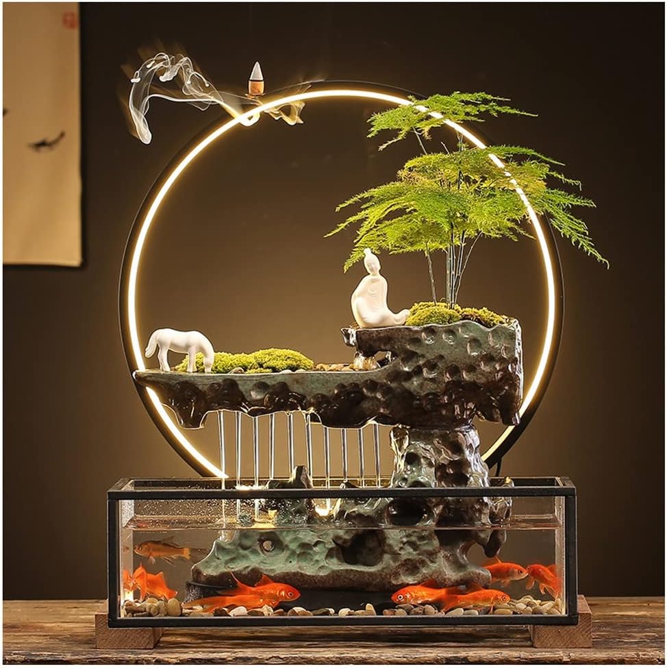 Waterfall Tabletop Fountain Flowing Water Lucky Ornament with Glass Aquarium and Lamp Ring Home Office Tabletop Decoration Indoor Fountain (Color : B)