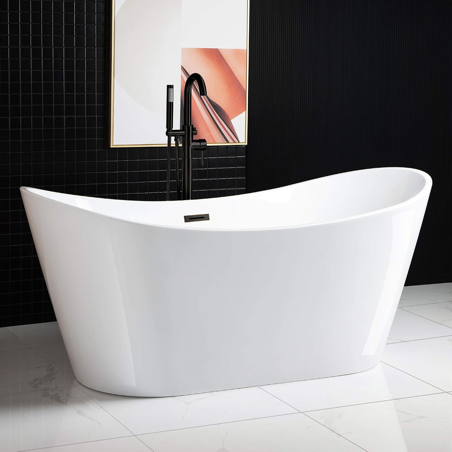 WOODBRIDGE 67' Acrylic Freestanding Bathtub Contemporary Soaking White Tub with Oil Rubbed Bronze Overflow and Drain,B0010-ORB