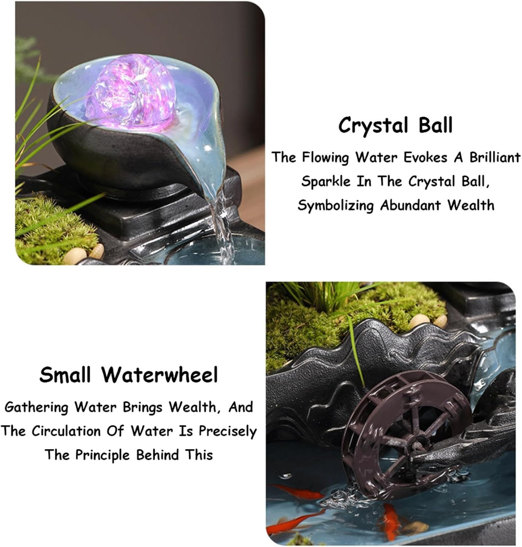 Ceramic Tabletop Fountain Relaxing Indoor Water Fountain w/Crystal Ball & Atomizer Small Fish Tank Water Feature for Desk