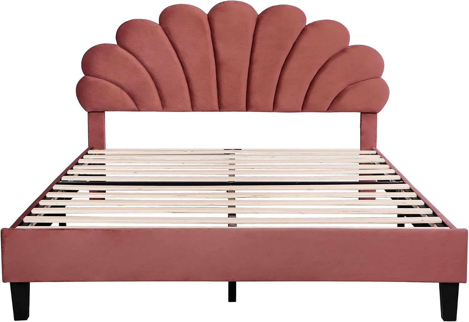 Harper & Bright Designs Queen Size Upholstered Platform Bed with Flower Pattern Velvet Headboard, Bean Paste Red