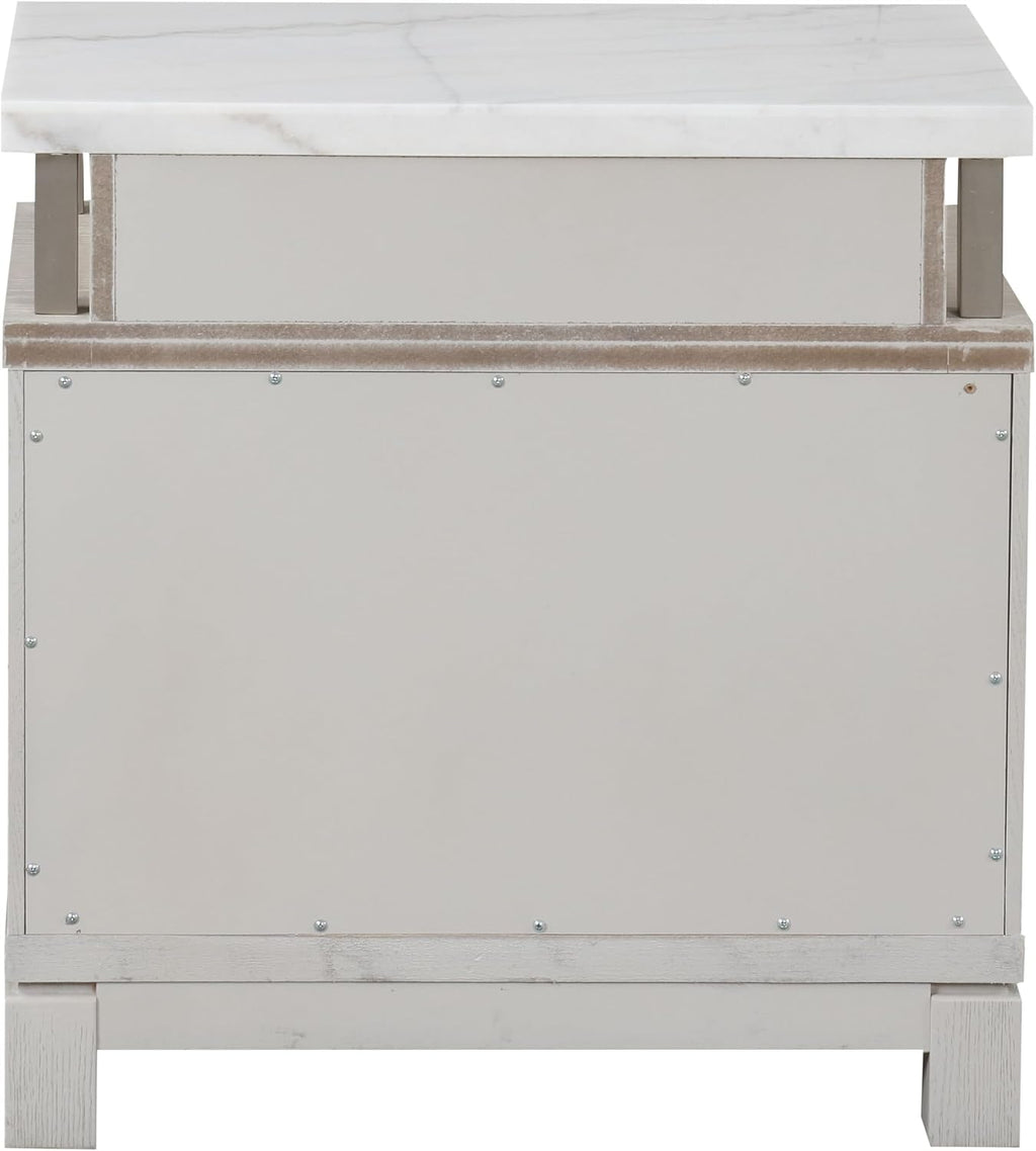Furniture of America Bailer Modern Solid Wood 5-Piece Bedroom Set with LED on Headboard, Stainless Steal Posts and Marble Top on Nightstand, Box Spring Needed, King, Weathered Gray