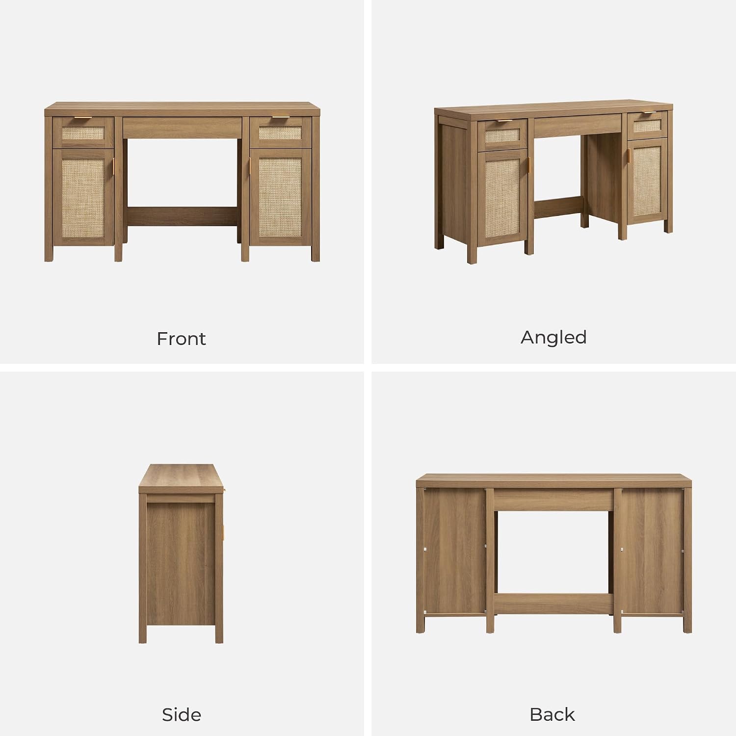 SICOTAS 2 Pieces Rattan Vanity Home Office Desk - Big Boho Makeup Vanities Benches with Drawers & Storage Cabinets, Dressing Vanity Table for Makeup Room, Bedroom, Home Office, Oak