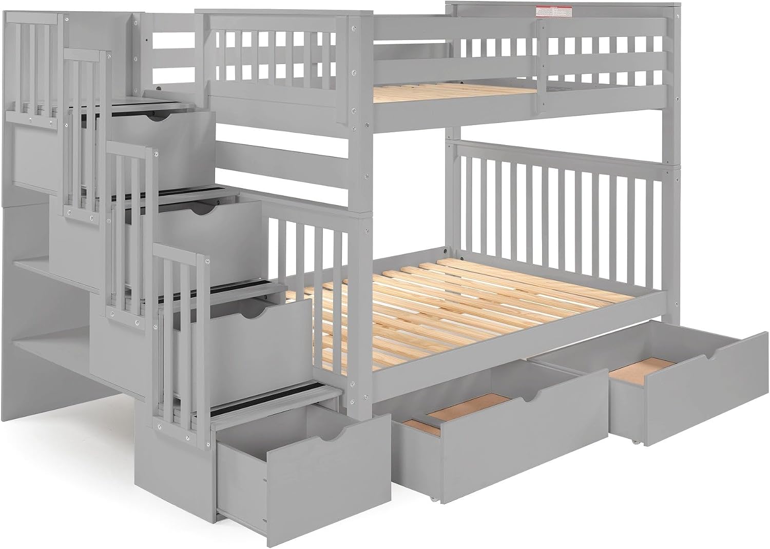 Bedz King Stairway Bunk Beds Full Over Full, 4 Step Drawers, 2 Storage Drawers, Gray