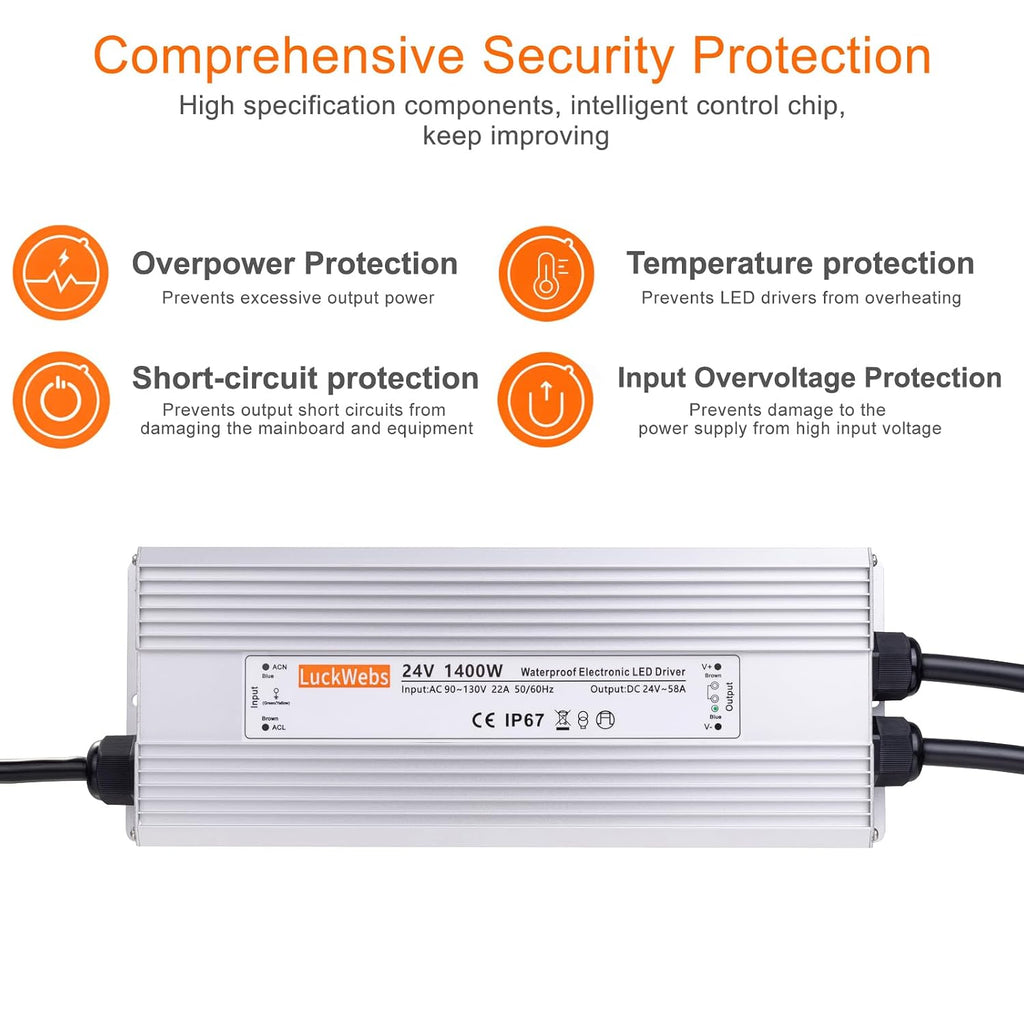LED Driver 24V 1400W Waterproof Power Supply AC 90-130V to DC 24V58A Low-Voltage Transformer IP67 Switching Power Supply Suitable for high-Power LED Lighting and Any 24V DC Equipment