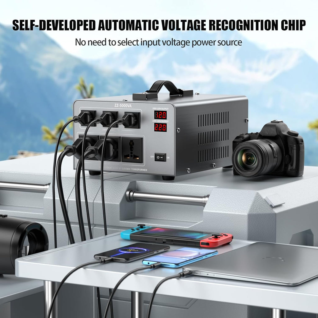 5000W Voltage Converter Transformer Step Up/Down 110V/120V to 220V/240V, Auto Voltage Recognition, Heavy Duty Power Converter with 6 Outlets, LCD Display & Circuit Breaker for Home, International Use