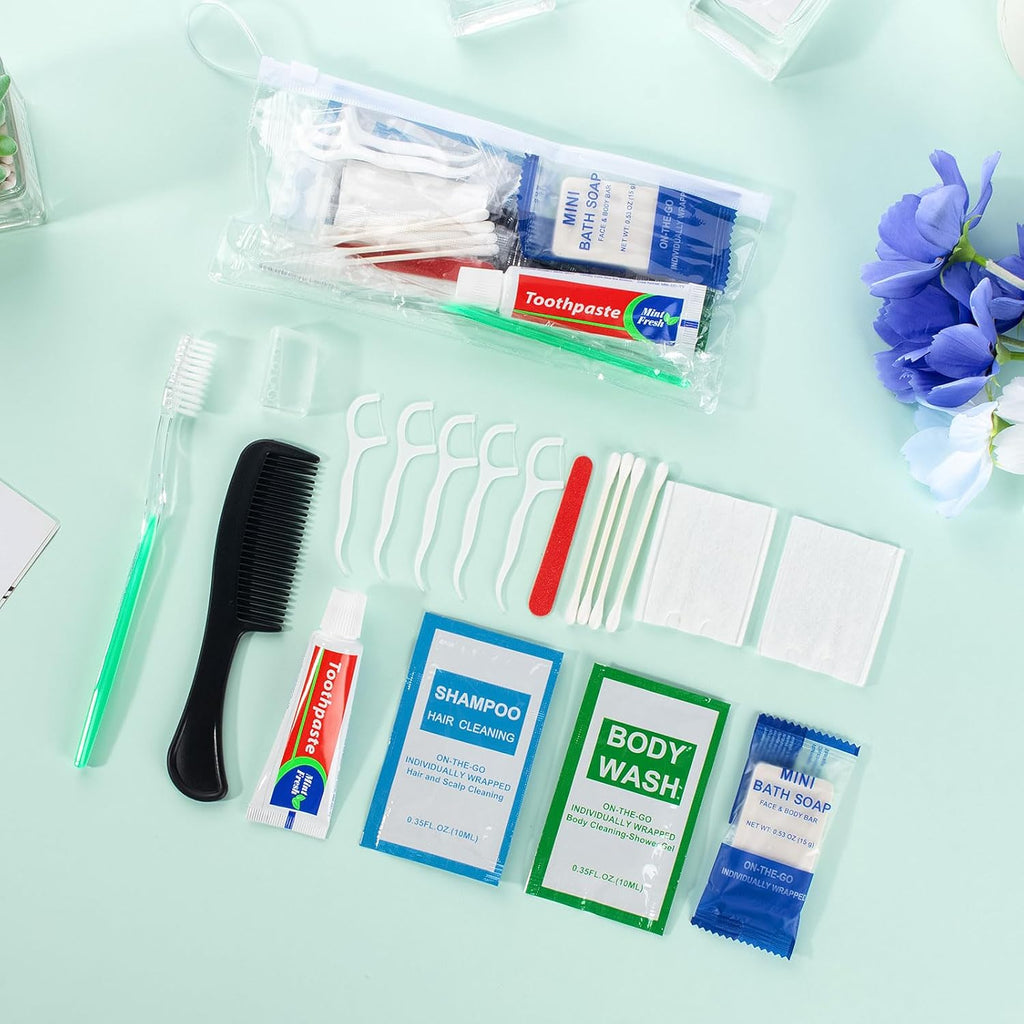 100 Sets Personal Hygiene Kit Bulk,10-IN-1 Green Individually Wrapped Disposable Travel Toothbrushes and Hotel Vanity Set Basic Toiletry Supplies for Homeless,Guests,Charity