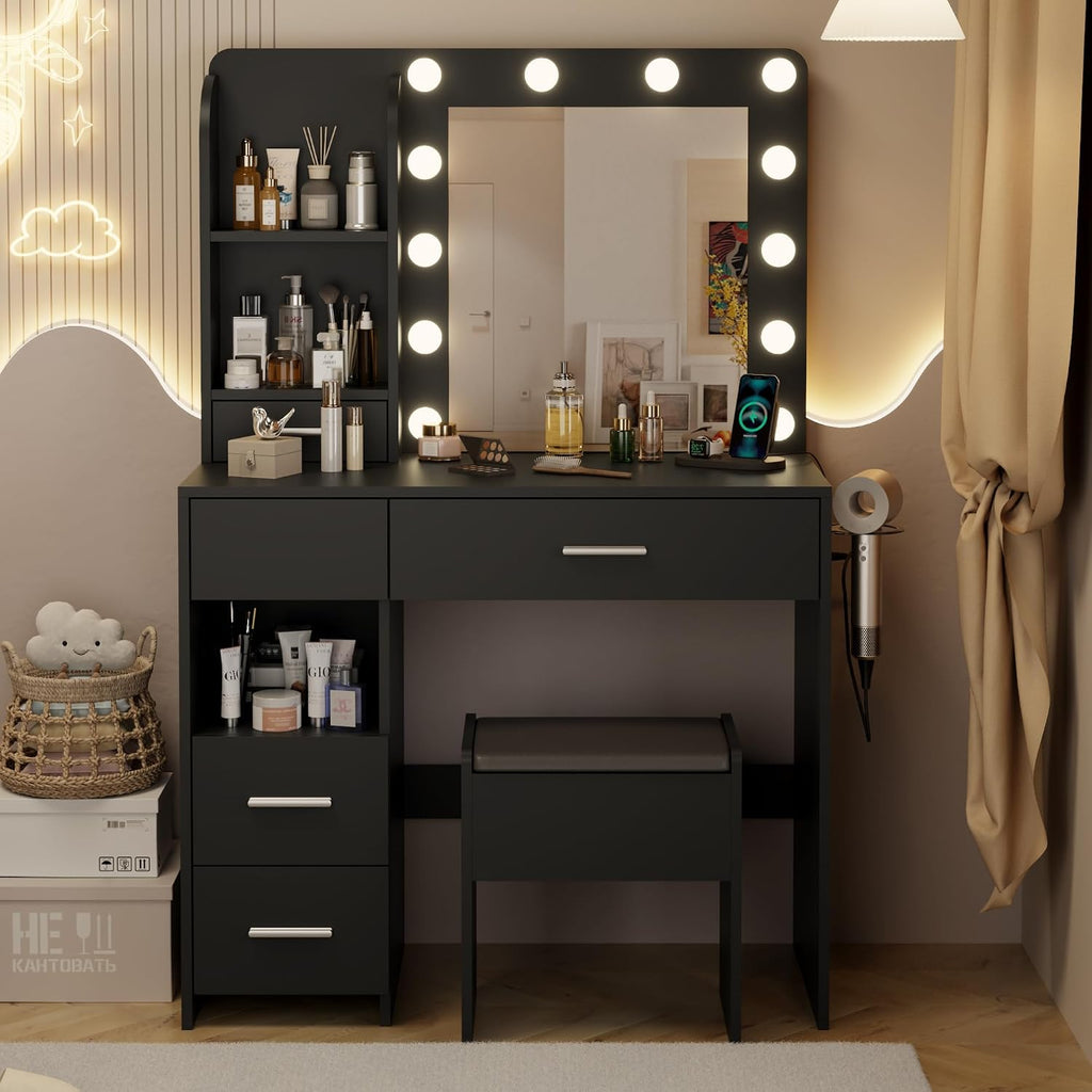 Otterease Vanity Desk with LED Lighted Mirror&Power Outlet, 3 Lighting Colors Makeup Vanity Desk with 5 Large Drawers and 3 Storage Shelves, Black Vanity with Storage Stool for Bedroom