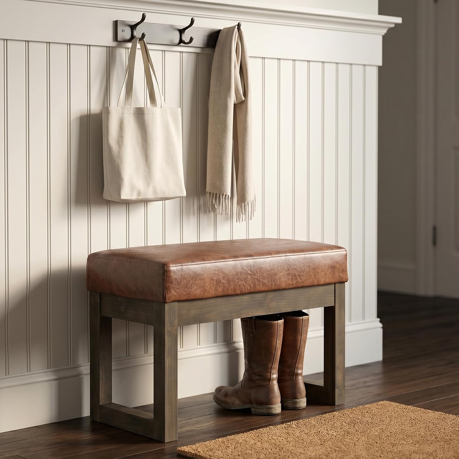 SIMPLIHOME Milltown Small Ottoman Bench - 27 inch Wide Upholstered Vegan Leather Rectangle Footstool Ottoman in Distressed Saddle Brown, Contemporary Bench for Bedroom with Cushioned Seat, Assembled