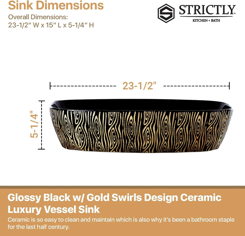 Strictly Sinks 23.5 Inch Bathroom Vessel Sink – Glossy Black w/Gold Swirls Design Ceramic Countertop Bathroom Sink – Above Counter Luxurious Vessel Sink for Bathroom (23-1/2″ W x 15″ L x 5-1/4″ H)