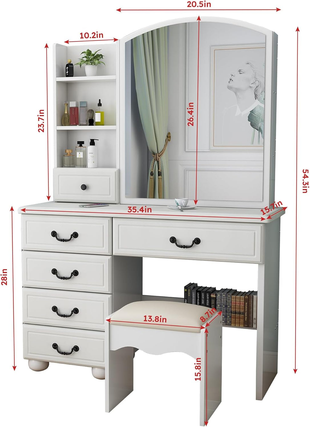 Montary Makeup Vanity Desk with Mirror and Lights, White Vanity Table Set with 6 Drawers & Sliding Mirror & Storage Shelves & Stool, 3 Lighting Modes Brightness Adjustable, Vanity Set Dressing Table