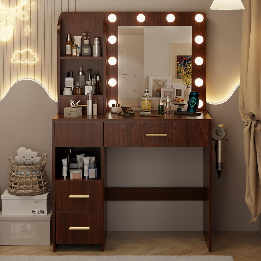 Otterease Vanity Desk with LED Lighted Mirror&Power Outlet, 3 Lighting Colors Makeup Vanity with 5 Large Drawers and 3 Storage Shelves, White Vanity with Storage Stool for Bedroom (Walnut(no Stool))