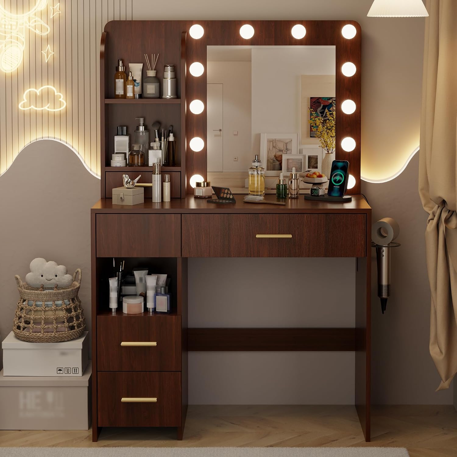 Otterease Vanity Desk with LED Lighted Mirror&Power Outlet, 3 Lighting Colors Makeup Vanity with 5 Large Drawers and 3 Storage Shelves, White Vanity with Storage Stool for Bedroom (Walnut(no Stool))