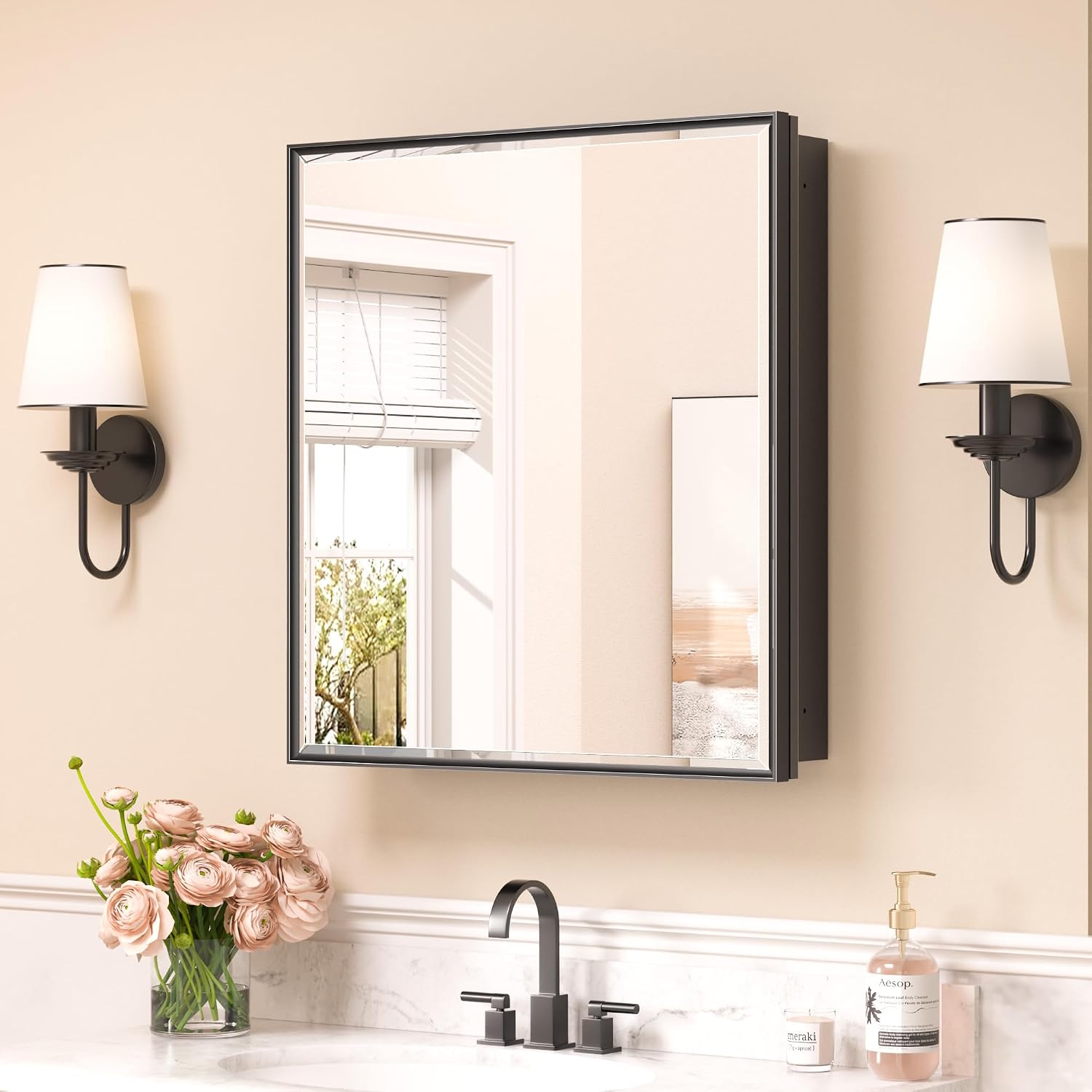 Keonjinn 24' x 26' Black Medicine Cabinets with Mirror, Fully Assembled, Recessed or Wall-Mounted Bathroom Medicine Cabinet, Aluminum Alloy Framed, Single Door Metal Bathroom Mirror with Storage