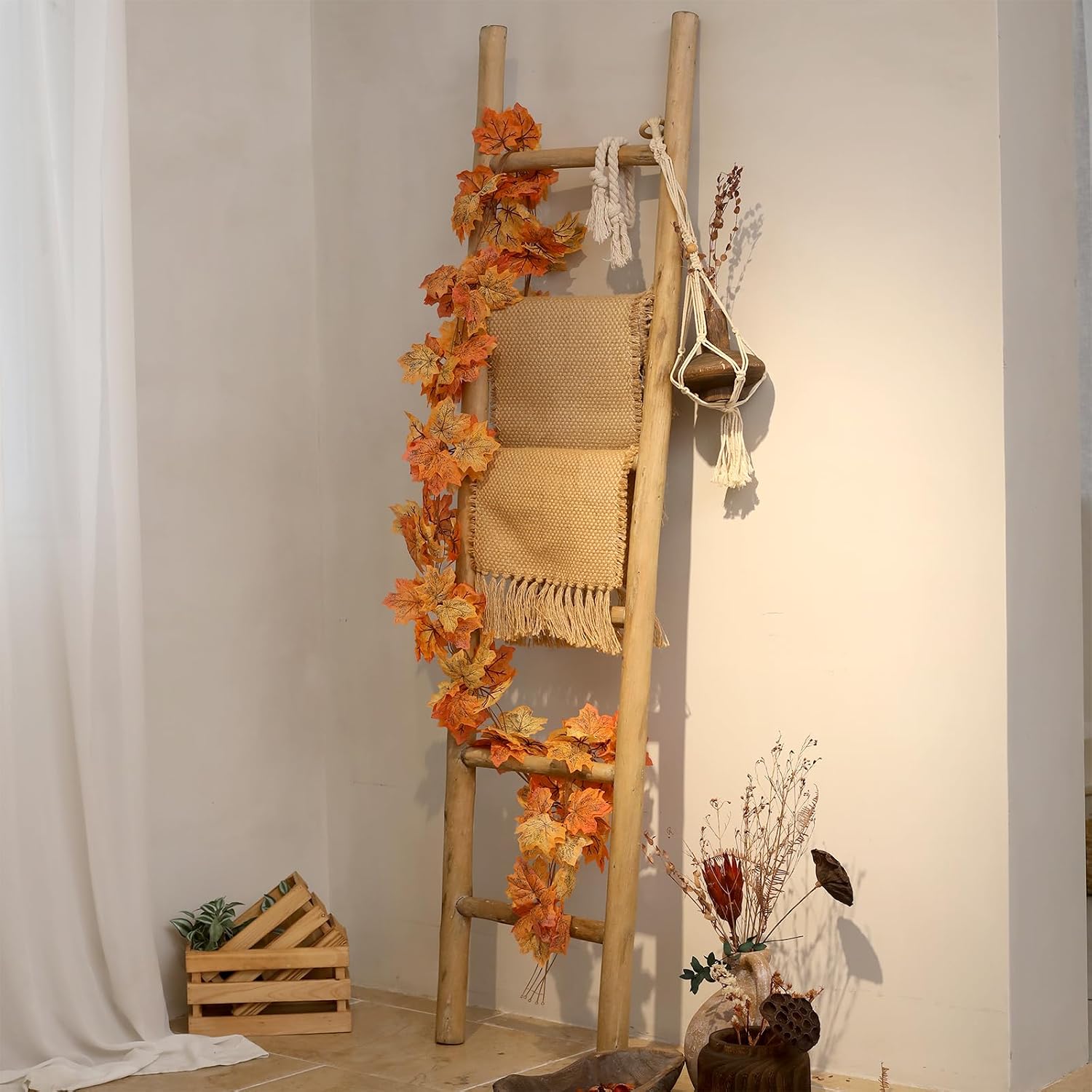 FUIN Fully Assembled 6ft Wood Blanket Ladder Living Room Decorative Wall Leaning Farmhouse Quilt Display Holder Rustic Wooden Towel Rack for Bathroom, Brown