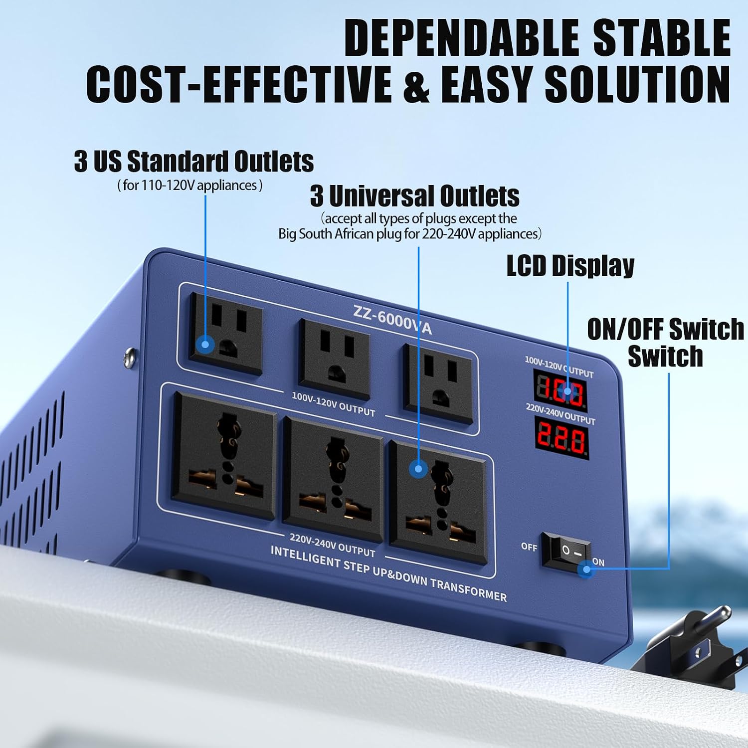 6000W Voltage Converter Auto Transformer,110/120/220/240V Heavy Duty Step Up/Down Power Converter Transformer with 3 US Outlets,3 Universal Outlets, LCD Display,Resettable Circuit Breaker Protection