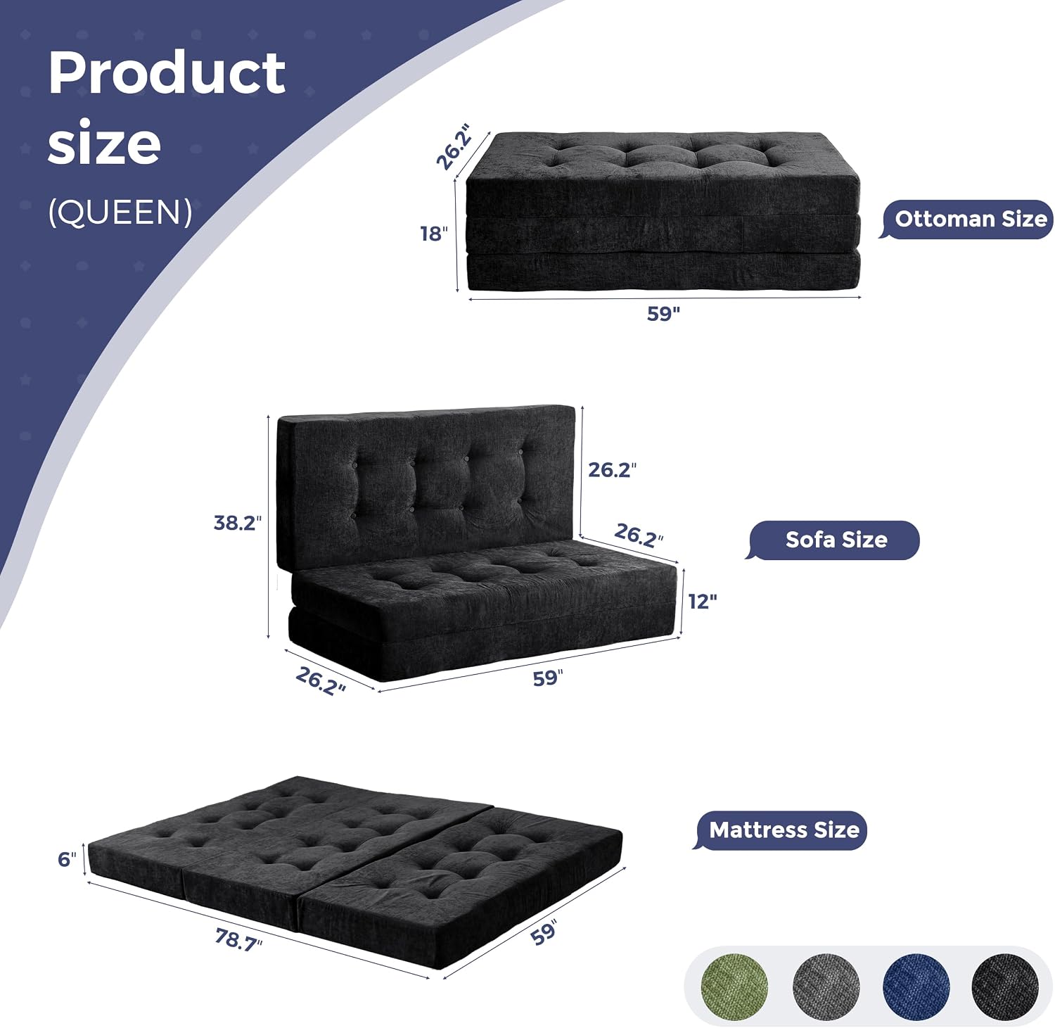 MAXYOYO 6' Folding Sofa Bed for Floor, Tufted Tri-Fold Floor Mattress with Chenille Fabric, Queen Size Portable Sofa Couch Guest Mat for Adults, Foldable Topper for Camping, Black, 59'x78.7'