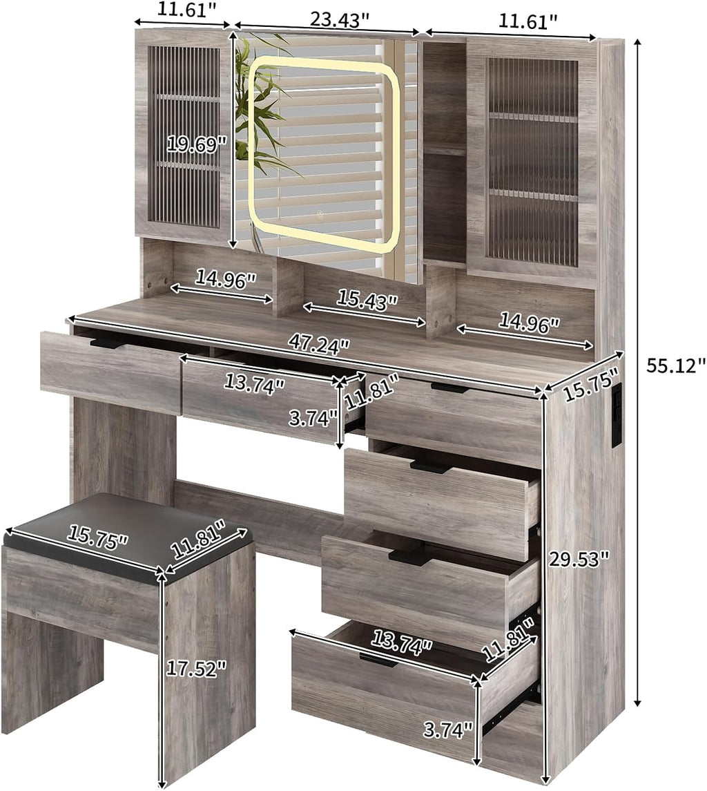 VINGLI Vanity Desk with LED Lighted Mirror & Padded Bench, Makeup Set with 7 Drawers & 2 Clear Glass Cabinets & 1 Hidden Mirror Cabinet & 3 Storeroom & Charging Station for Bedroom, Grey