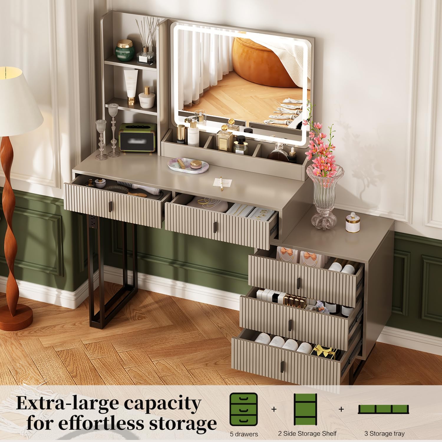 Ieejdn Large Vanity Desk with 3 Color Touch Screen Dimming Mirror, Vanity Desk with Charging Station, Modern Retractable Makeup Dressing Table, Makeup Table with Storage Shelves and 5 Sliding Drawers