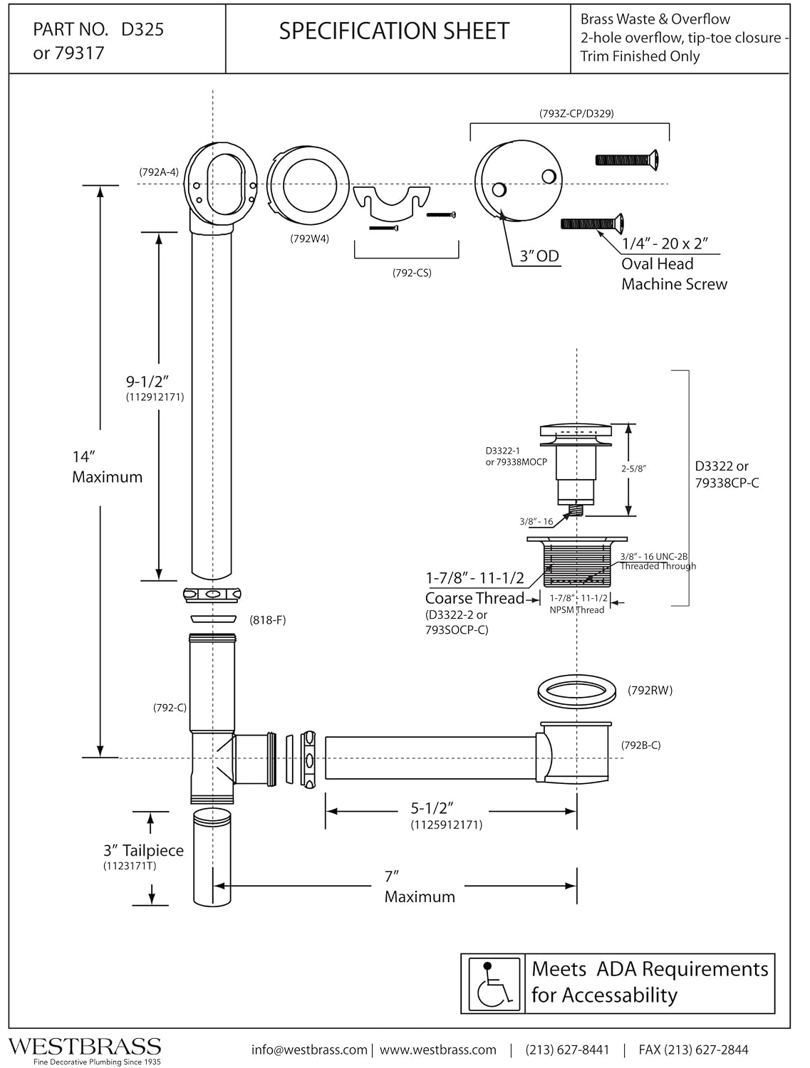 Westbrass 14' 17 Gauge Brass Tip-Toe Drain Bath Waste and Overflow with 2-Hole Faceplate, Satin Nickel, D325-07