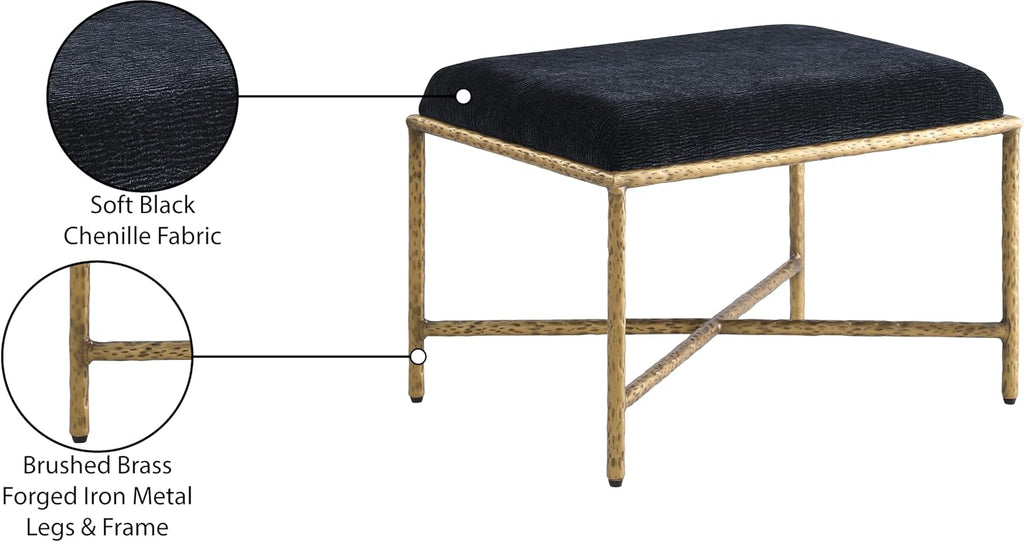 Meridian Furniture 22061Black Valley Collection Modern | Contemporary Bench with Soft Black Chenille Fabric, Brushed Brass Forged Iron Metal Legs and Frame, 25' W x 18' D x 18' H, Black