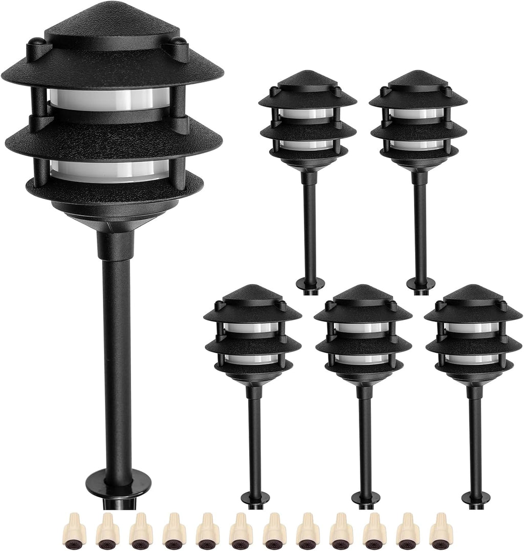 Lumina Lighting® Low Voltage Landscape Lighting Cast-Aluminum Pagoda Path and Area Light Warm White 4W G4 LED Bulb and ABS Ground Stake Included for Yard Walkway Lawn PAL0103-BkLED6 (Black,6-Pack)