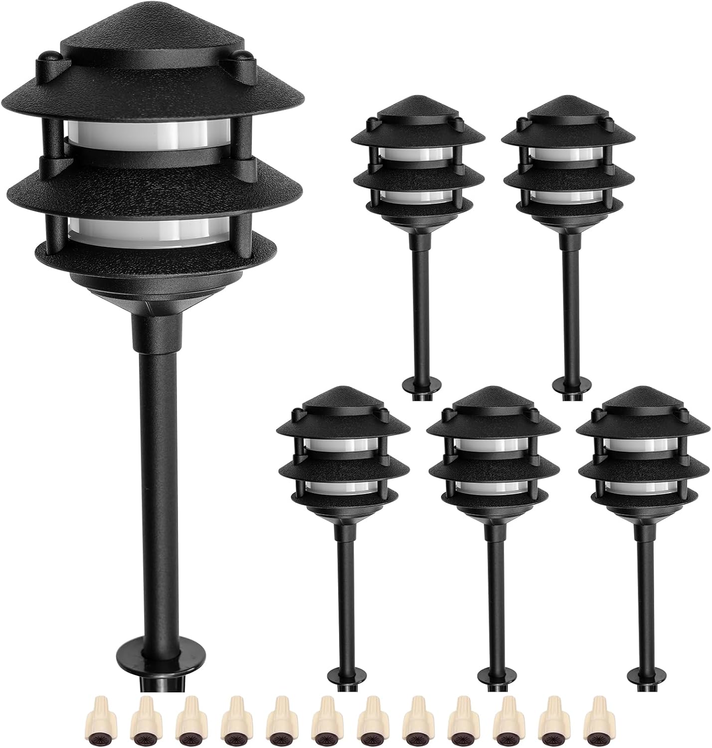Lumina Lighting® Low Voltage Landscape Lighting Cast-Aluminum Pagoda Path and Area Light Warm White 4W G4 LED Bulb and ABS Ground Stake Included for Yard Walkway Lawn PAL0103-BkLED6 (Black,6-Pack)