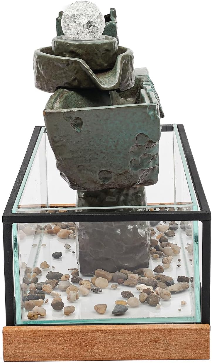 24V 3W Tabletop Eco Fish Tank -Indoor Relaxation Desktop Fountain w/Mist, LED, Artificial Stone Mountain for Meditation and Décoration for Good Luck Wealth