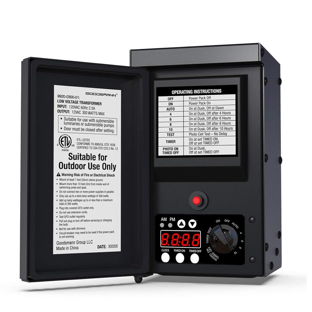 GOODSMANN Low Voltage Transformer 300 Watt with Timer, Photo Eye Sensor and Weather Shield for Outdoor Lighting Metal Transformer 120V AC to 12V AC 9920-0300-01