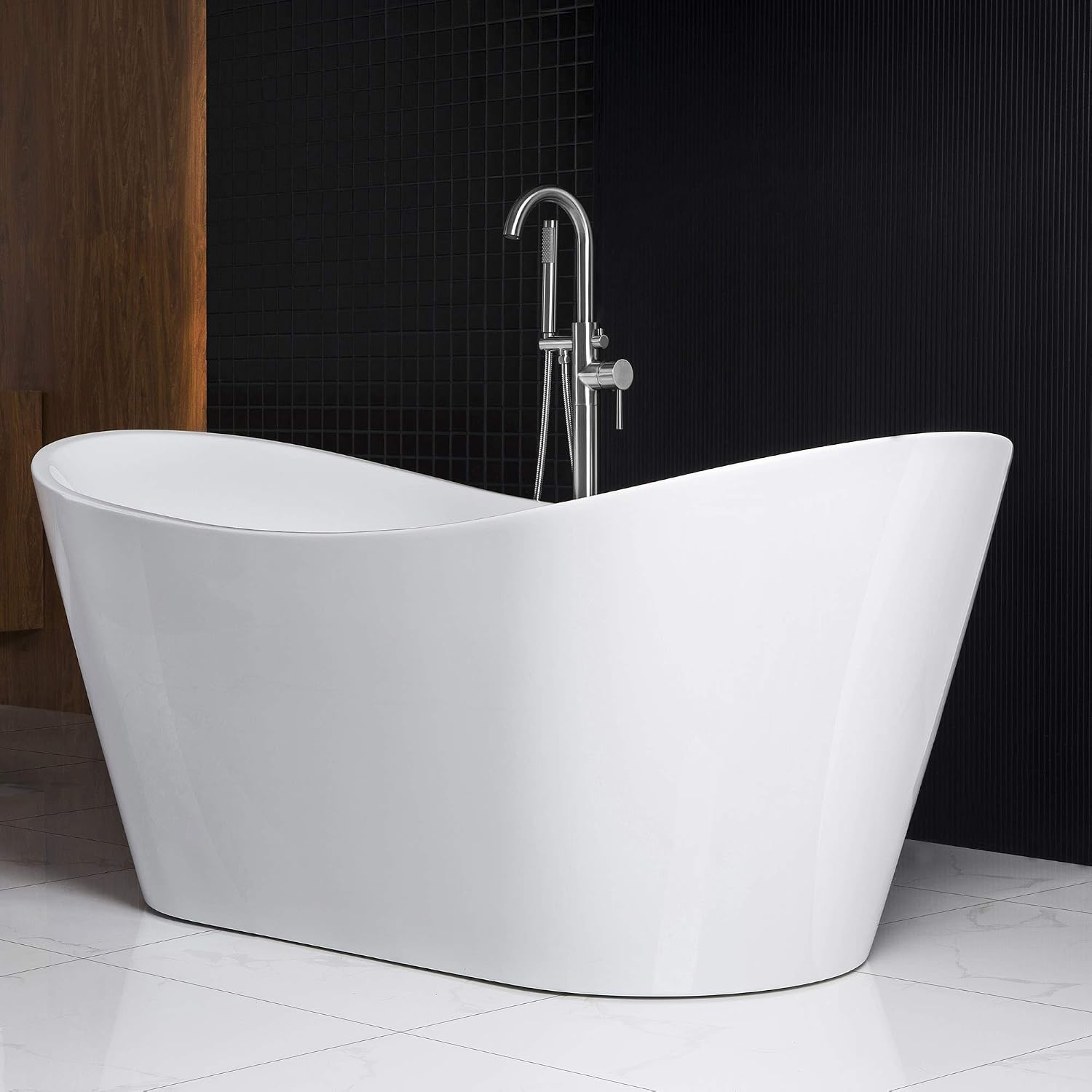 WOODBRIDGE 67' Acrylic Freestanding Bathtub Contemporary Soaking White Tub with Chrome Overflow and Drain,B0010-C