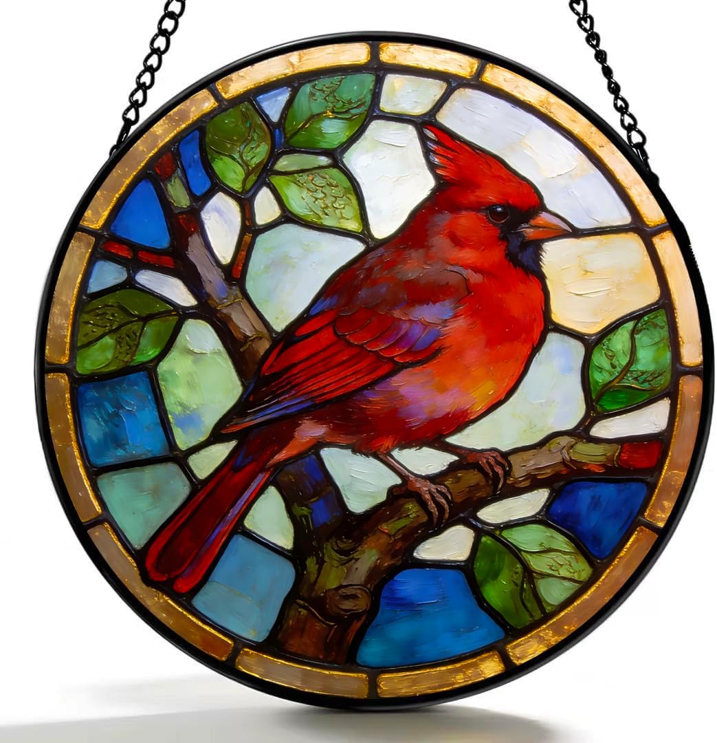 Funoasis 4Pcs Stained Glass Window Hanging Suncatcher - Hummingbird, Northern Cardinal, American Goldfinch, Eastern Bluebird Ornaments Sun Catcher Bird Lover Home Decor Women Gifts