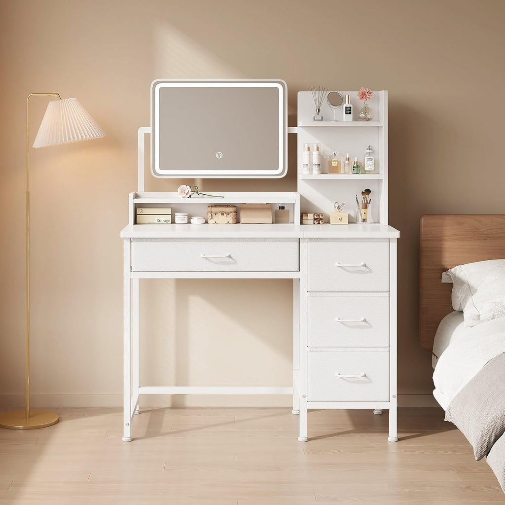 YeTom Vanity Desk with Mirror and Lights, Makeup Vanity Desk with 4 Fabric Drawers & Storage Shelves & Side Table, 3 Color Modes & Adjustable Brightness, White Vanity, Bedroom Furniture