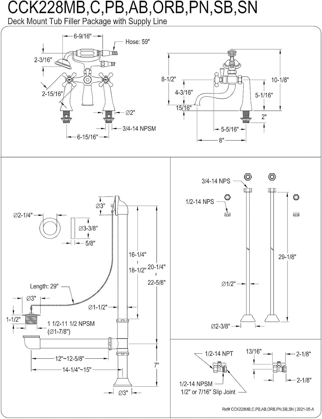 Kingston Brass CCK228SN Vintage Deck Mount Clawfoot Tub Faucet Package with Supply Line, Brushed Nickel