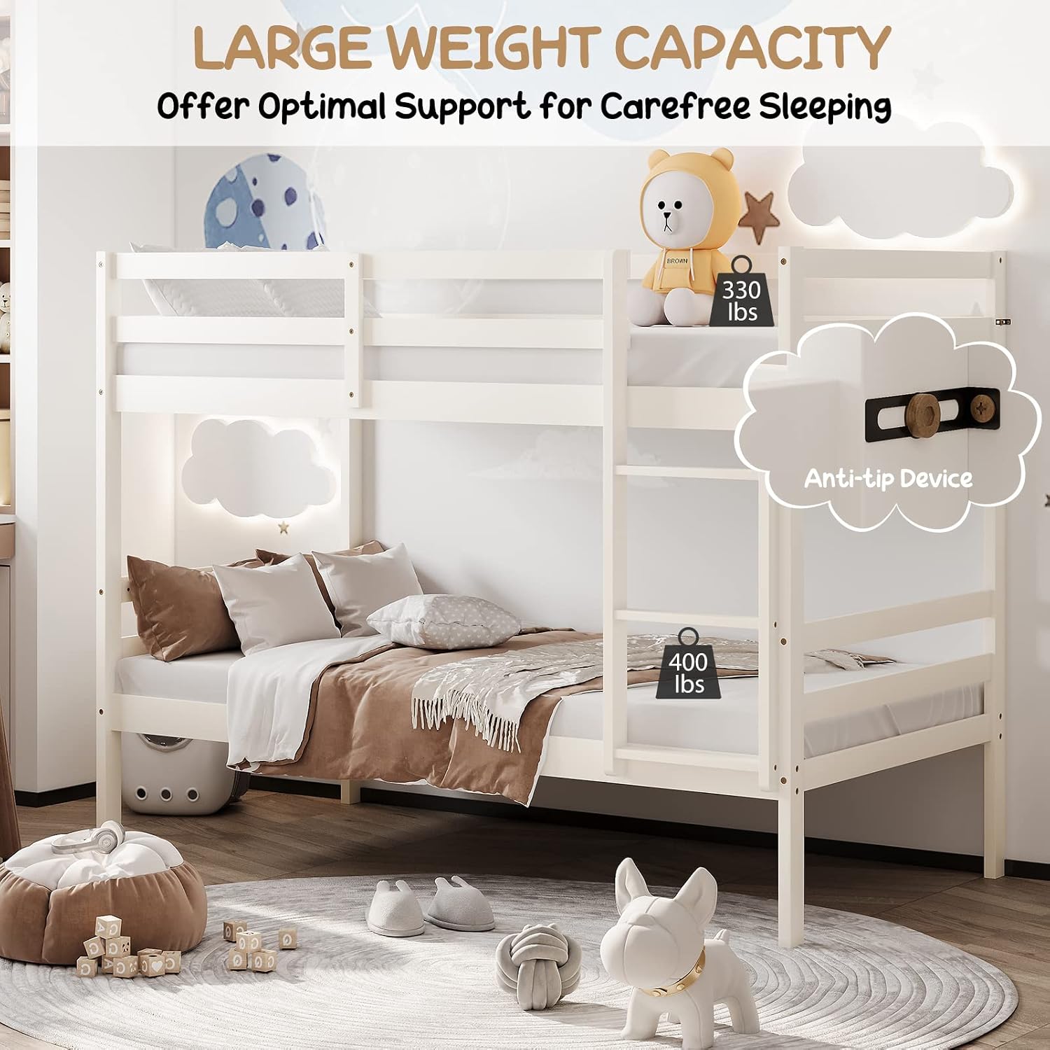 KOMFOTT Wood Bunk Bed Twin Over Twin, Bunk Bed with Ladder & Safety Guardrail, Solid Wood Bed Frame, Ideal for Dormitory & Multiple-Child Family, No Box Spring Needed, Kids Bed Frame