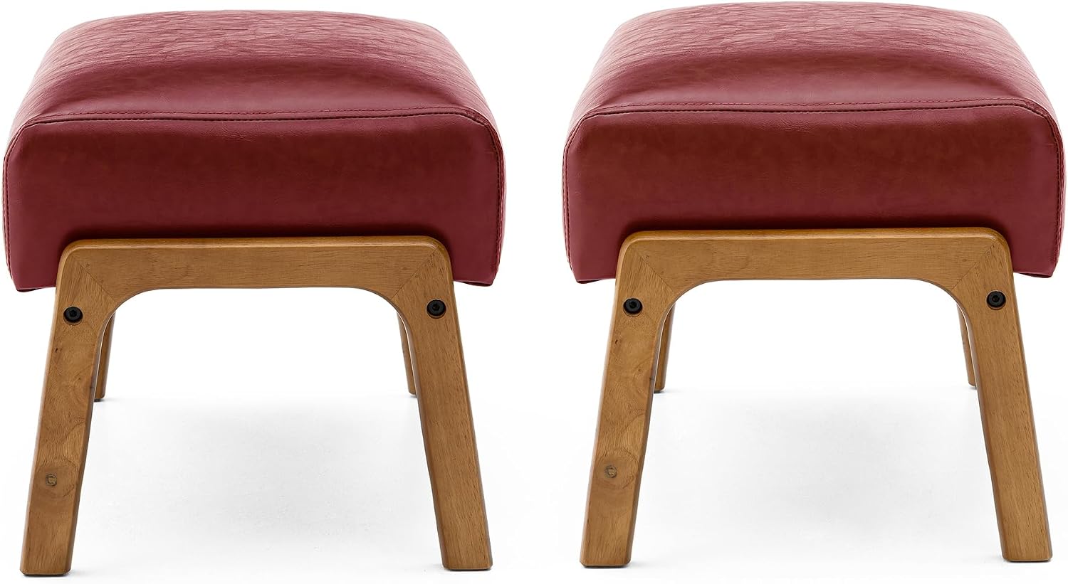 Glitzhome 2 Set Foot Stool Ottoman, Modern Leatherette Sofa Stool Vanity Chair with Rubber Wood Frame, Footrest Ottoman Bench for Living Room, Entryway, Wine Red