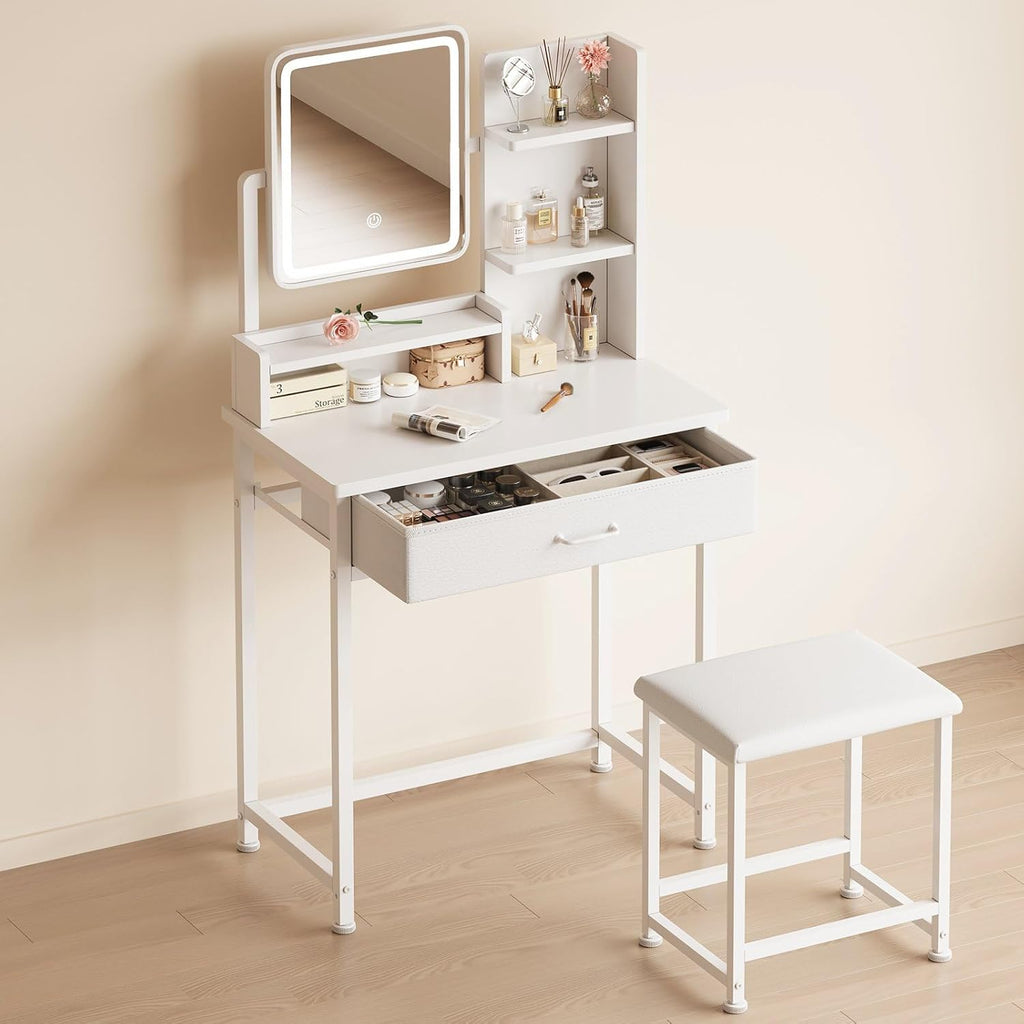YeTom Makeup Vanity Desk with Mirror and Lights, Small Vanity with Fabric Storage Drawer & Chair & Shelves, White Compact Makeup Vanity Set for Bedroom