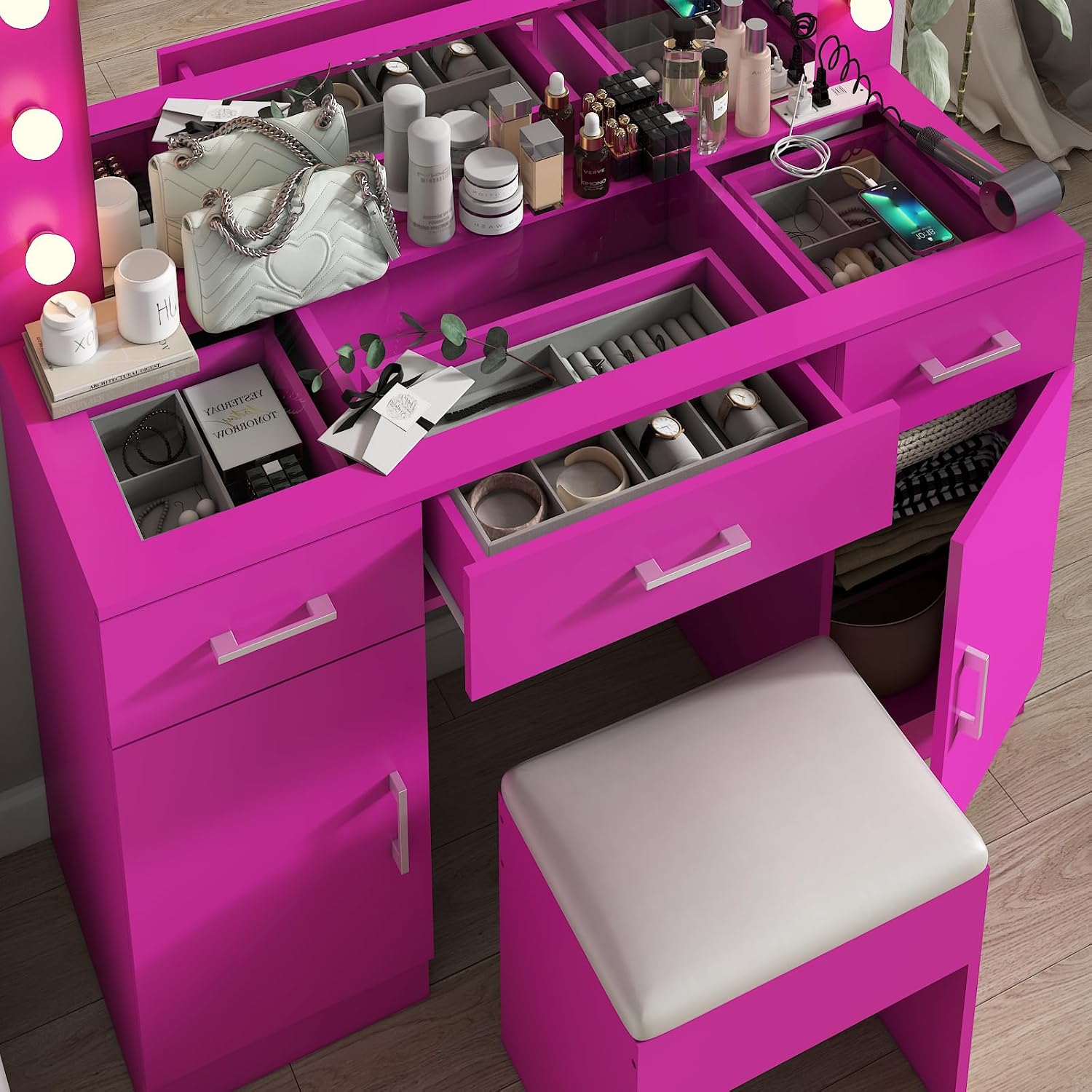 VINGLI Vanity Desk with LED Lighted Mirror & Padded Stool, Makeup Table with Drawers & Cabinets & Power Outlet & Glass Top & 12 Light Bulbs with 3 Colors for Dressing Room Bedroom, Bright Pink