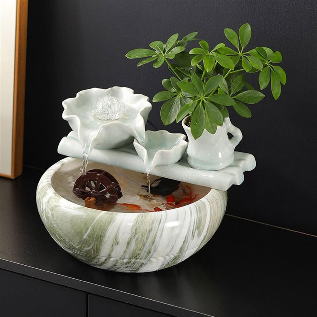 Indoor Water Feature,Ornaments Tabletop Fountain, Creative Small Ceramic Circulating Fish Tank，Chinese Artificial Tree