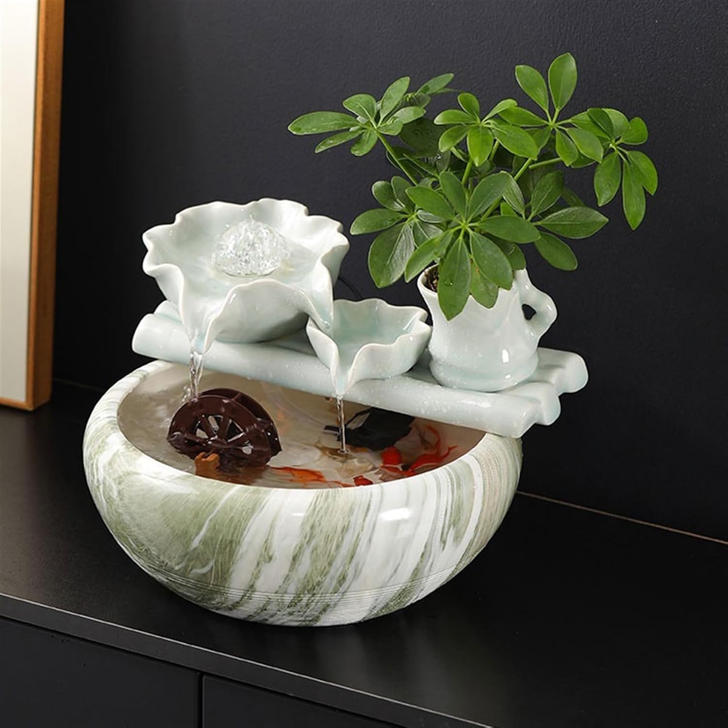 Indoor Water Feature,Ornaments Tabletop Fountain, Creative Small Ceramic Circulating Fish Tank，Chinese Artificial Tree